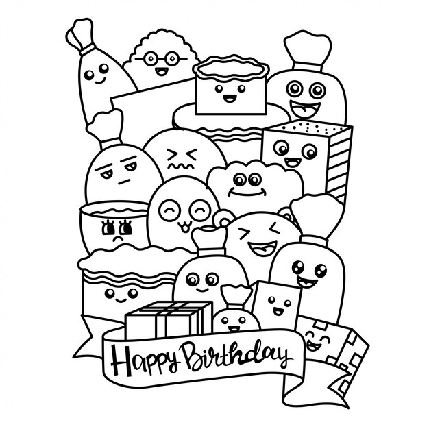 Joyeux Anniversaire Dessin Anime Doodle Vecteur Premium