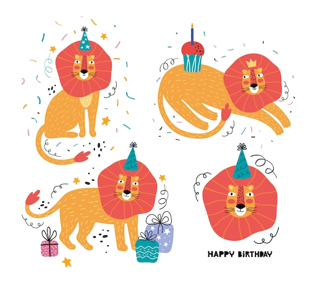 Joyeux Anniversaire Drole Lion Ensemble Dessine A La Main Fete Des Animaux Sauvages Personnage Animal Mignon