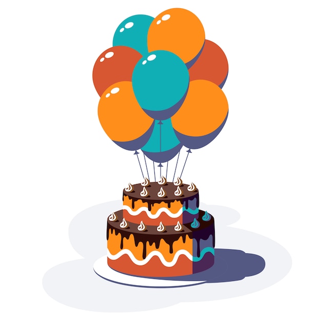 Joyeux Anniversaire Fond Festif Ballons Colores Et Gateau Isole Sur Fond Blanc Illustration Vecteur Premium