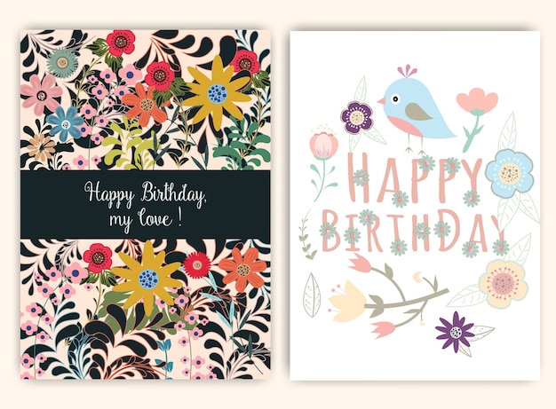 Joyeux Anniversaire Sur Fond Floral Dans Le Theme Colore Vecteur Premium