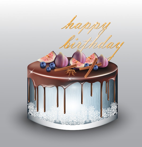 Joyeux Anniversaire Gateau Bleu Moderne Aux Fruits De La Figue Vecteur Premium