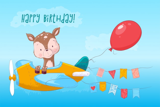 Joyeux Anniversaire Illustration Enfantine De Mignon Cerf Dans L Avion En Style Cartoon Dessin A Main Levee Vecteur Premium