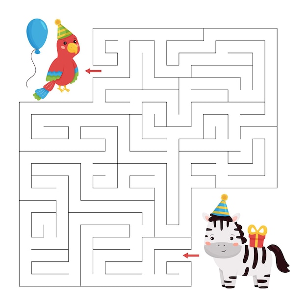 Joyeux Anniversaire Jeu De Labyrinthe Pour Les Enfants Perroquet De Dessin Anime Mignon Et Zebre Avec Cadeau Vecteur Premium