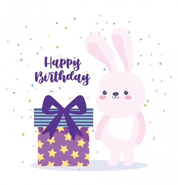 Joyeux Anniversaire Lapin Mignon Et Coffret Cadeau Surprise Carte De Decoration De Celebration De Dessin Anime Vecteur Premium