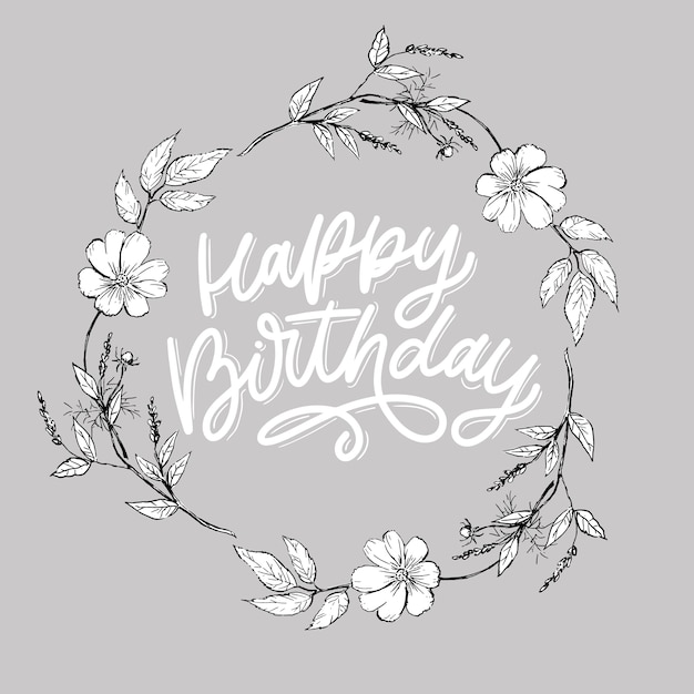 Joyeux Anniversaire Lettrage Slogan De Calligraphie Fleurs Texte Illustration Vecteur Premium