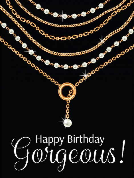 Joyeux Anniversaire Ma Jolie Carte De Voeux Design Avec Collier En Metal Dore Poires Et Chaines Vecteur Premium