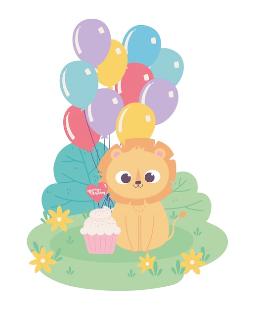 Joyeux Anniversaire Mignon Petit Lion Avec Des Ballons De Chapeau De Fete Et Dessin Anime De Decoration De Celebration De Petit Gateau Vecteur Premium