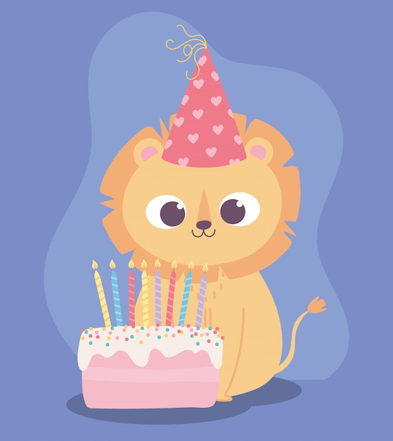 Joyeux Anniversaire Mignon Petit Lion Avec Dessin Anime Decoration Chapeau Et Gateau Celebration Vecteur Premium