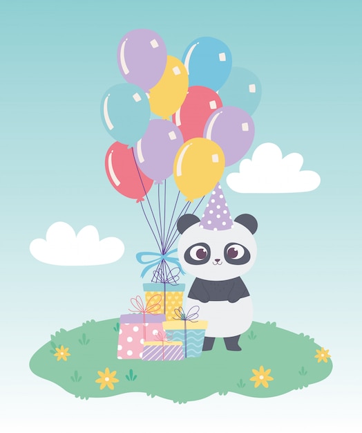 Joyeux Anniversaire Mignon Petit Panda Avec Coffrets Cadeaux Et Dessin Anime De Decoration De Celebration De Ballons Vecteur Premium