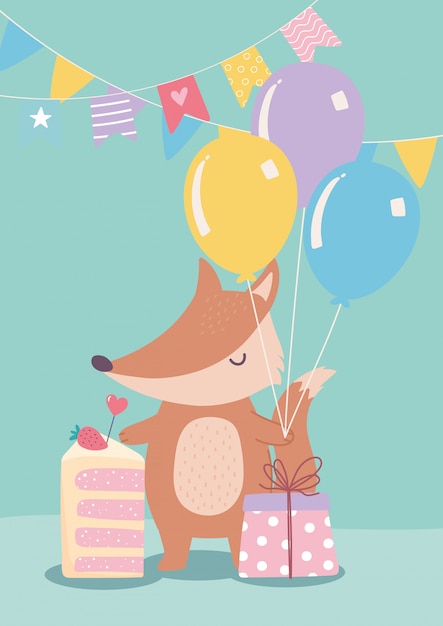 Joyeux Anniversaire Mignon Petit Renard Avec Cadeau De Gateau Et Dessin Anime De Decoration De Celebration De Ballons Vecteur Premium