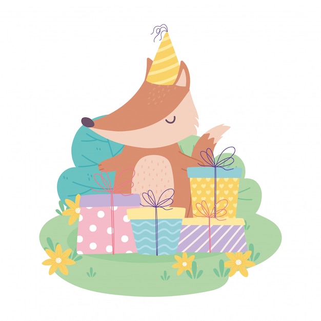 Joyeux Anniversaire Renard Mignon Avec Chapeau De Fete Et Coffrets Cadeaux Dessin Anime De Decoration De Celebration Vecteur Premium