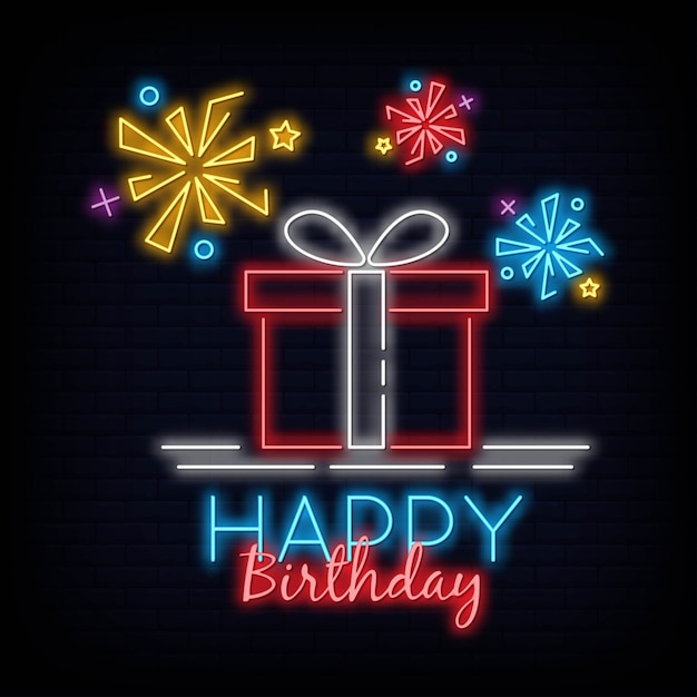 Joyeux Anniversaire Signe Au Neon Design Moderne Tendance Nuit Nuit Enseigne Nuit Lumineuse Publicite Banniere Lumiere Light Art Illustration Vectorielle Vecteur Premium