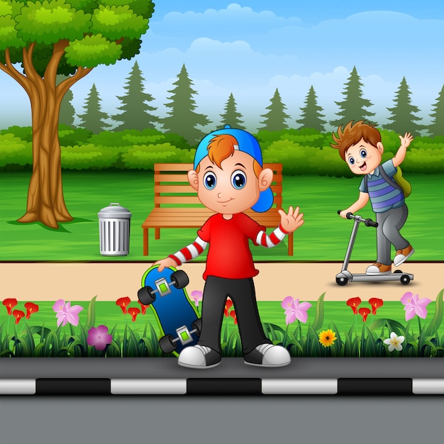 Joyeux enfants jouant dans le parc Vecteur Premium