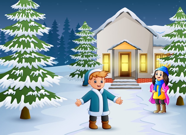 Vecteur Premium Joyeux Enfants Jouant Devant La Maison De Neige