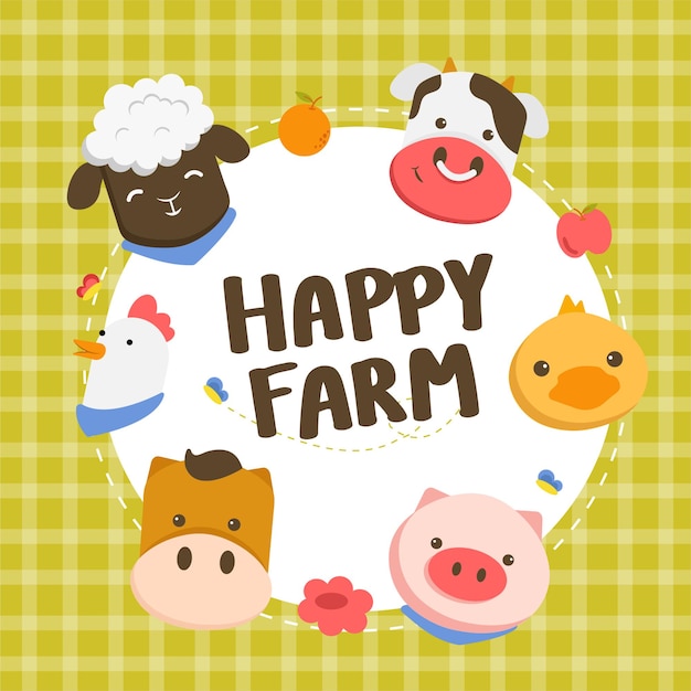 Joyeux Gateau De Ferme Decore De Visages D Animaux De Moutons De Poulets De Porcs De Canards Et De Vaches Vecteur Gratuite