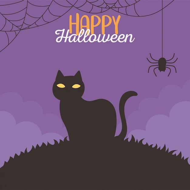 Joyeux Halloween Chat Noir Et Araignee Nuit Astuce Ou Traiter Illustration Vectorielle De Fete Fete Vecteur Premium