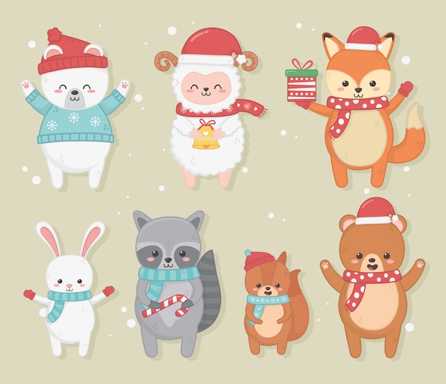 Joyeux joyeux noël carte avec groupe d'animaux Vecteur Premium
