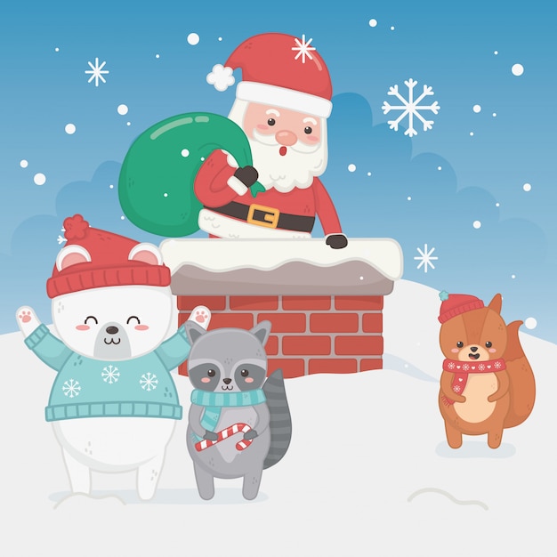 Joyeux joyeux noël carte avec le père noël et les animaux Vecteur Premium