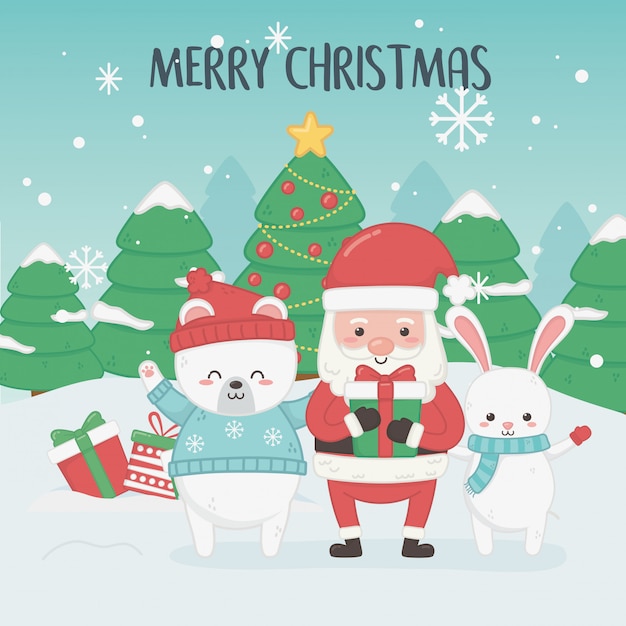 Joyeux joyeux noël carte avec le père noël et les animaux Vecteur Premium