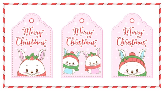 Joyeux Noel Animaux Mignons Avec Des Etiquettes De Cartes De Dessin De Baies Rouges Vecteur Premium