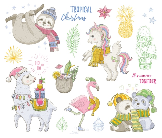 Joyeux Noel Animaux Tropicaux Mignons Licorne Paresseux Cochon Lama Flamant Rose Jeu De Doodle Tendance Dessine A La Main Croquis De Noel Bonne Annee Vecteur Premium