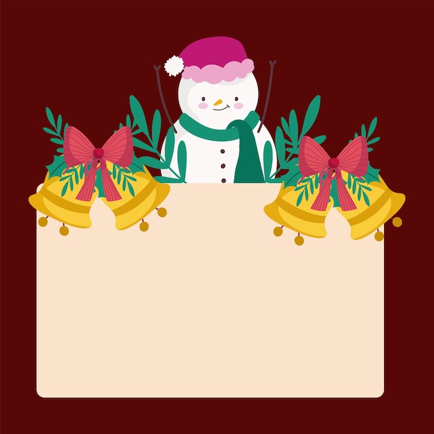 Joyeux Noel Bonhomme De Neige Avec Cloches Dorees Et Illustration De Pancarte Vide Vecteur Premium