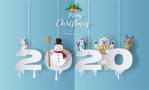 Joyeux Noël Et Bonne Année 2020 Concept Avec Bonhomme De Neige | Vecteur Premium