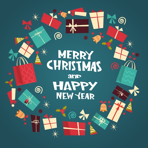 Joyeux noël et bonne année carte de voeux avec différents coffrets cadeaux hiver présente un concept Vecteur Premium