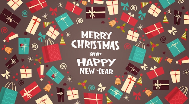 Joyeux noël et bonne année carte de voeux avec différents coffrets cadeaux hiver présente un concept Vecteur Premium