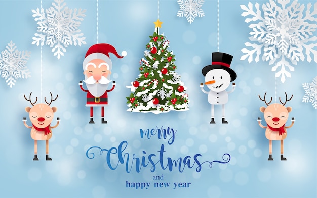 Joyeux Noel Et Bonne Annee Carte De Voeux Avec Des Personnages Heureux Pere Noel Bonhomme De Neige Et Renne Vecteur Gratuite