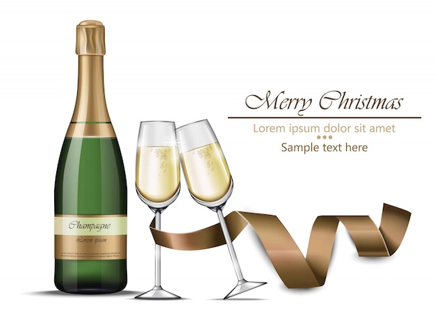 Joyeux Noel Bouteille De Champagne Et Des Verres Vecteur Premium