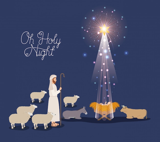 Joyeux Noel Carte Avec Bebe Jesus Et Mouton Vecteur Premium