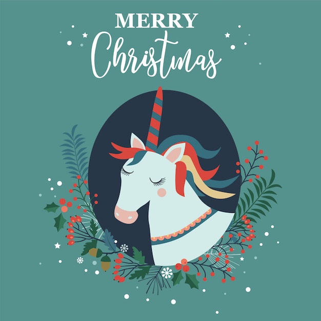 Joyeux Noel Carte Avec Licorne Vecteur Premium