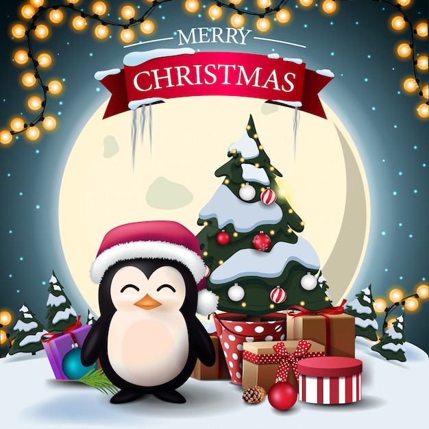 Joyeux Noël, Carte Postale Avec Pingouin En Chapeau De Père Noël Et
