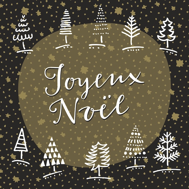 Joyeux Noel Doodle Carte De Voeux Dessines A La Main Avec Des Arbres D Hiver Et Lettrage A La Main Vecteur Gratuite