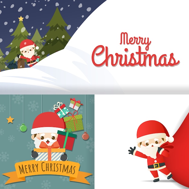 Joyeux Noel Avec Jeu De Carte De Voeux Personnage De Dessin Anime Mignon Petit Pere Noel Bonhomme De Neige Arbre De Noel Boite Cadeau Neige Sur Des Cartes Illustration Vectorielle Vecteur Premium