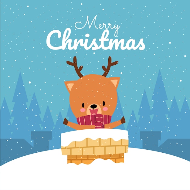 Joyeux Noël Avec Un Joli Cerf Dessiné à La Main Kawaii