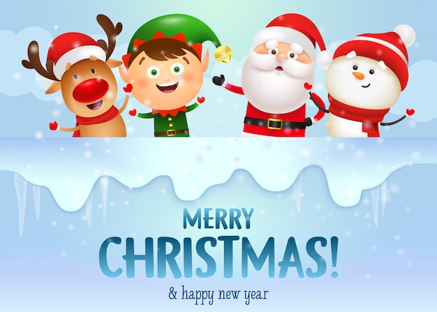 Joyeux noël avec joyeux père noël et ses amis Vecteur gratuit