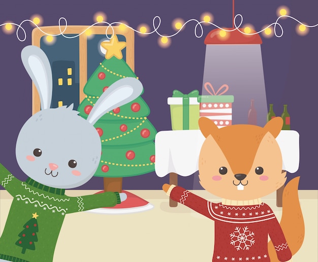 Joyeux Noel Lapin Et L Ecureuil Nuit Evenement Arbre Lampe S Allume Coffrets Cadeaux Vecteur Premium