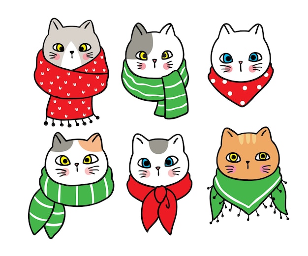 Joyeux Noel Main Dessiner Des Chats Mignons De Dessin Anime Et Une Echarpe Coloree Vecteur Premium