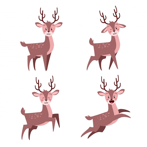 Joyeux Noël Mignon Cerf Avec Beaucoup D'expression Définie Vecteur Premium