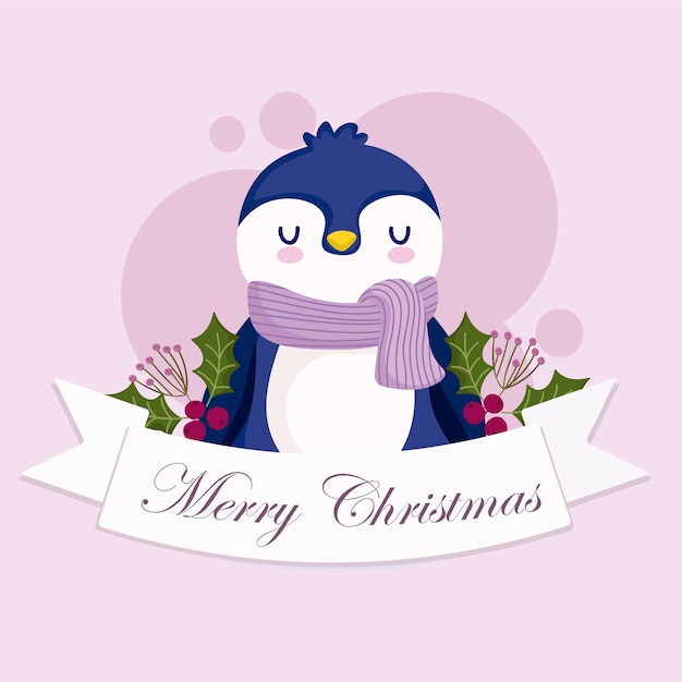 Joyeux Noël, Mignon Pingouin Animal Ruban Holly Berry Carte