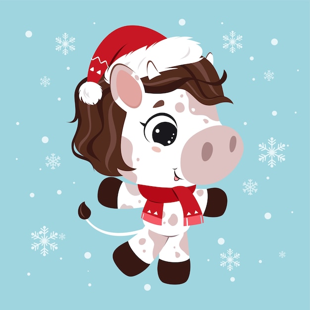 Joyeux Noel Personnage Drole De Vache Sur Fond Bleu Neigeux Carte En Style Cartoon Illustration Vecteur Premium