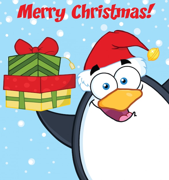 Joyeux Noël Avec Le Personnage De Mascotte Pingouin Tenant Une Pile De