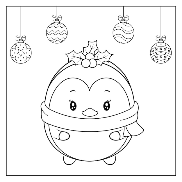 Joyeux Noel Pingouin Mignon Dessin Avec Des Ornements De Noel Croquis A Colorier Vecteur Premium