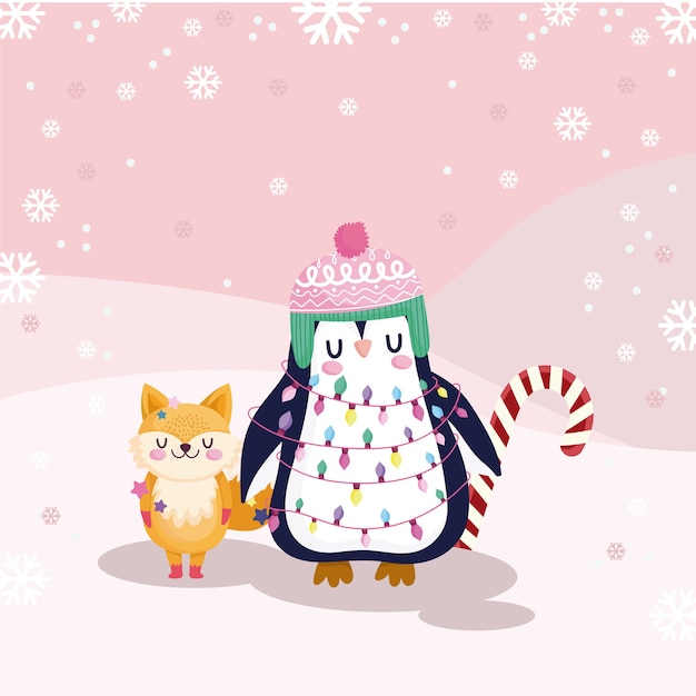Joyeux Noël, Pingouin Mignon Et Renard Avec Illustration De Canne à