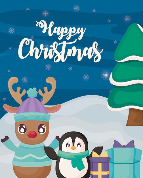 Joyeux Noël Avec Pingouin Et Rennes Sur Paysage D'hiver | Vecteur Premium
