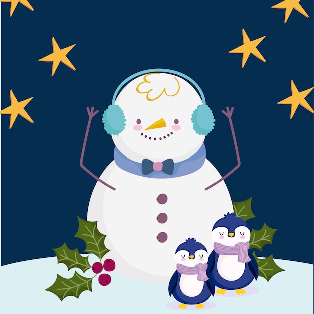 Joyeux Noel Pingouins Bonhomme De Neige Dans La Neige Avec Illustration D Etoiles Vecteur Premium