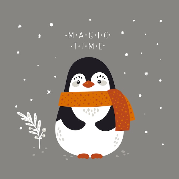 Joyeux Noel Vacances Fete Illustration Avec Bebe Pingouin Dans Un Style Plat De Bande Dessinee Pour Carte De Voeux Affiche Print Vecteur Premium