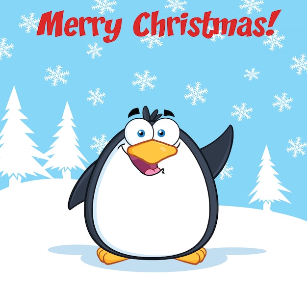 Joyeux Noel Voeux Avec Personnage De Dessin Anime Drole De Pingouin En Agitant Vecteur Premium